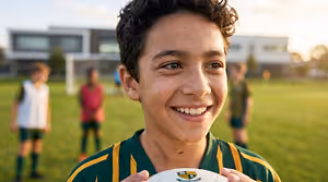A smiling young person holding a soccer ball with a blurry background of a field and other players in the distance.