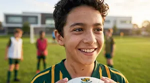 A smiling young person holding a soccer ball with a blurry background of a field and other players in the distance.