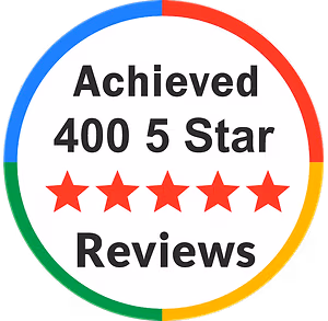 Badge stating "Achieved 400 5 Star Reviews" with five red stars