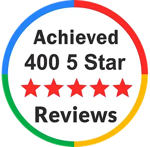 Badge stating "Achieved 400 5 Star Reviews" with five red stars