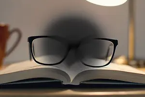 Black eyeglasses resting on an open book