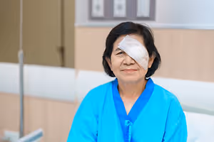 Older woman in a hospital gown with a bandaged eye