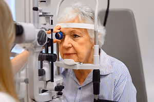 Older woman having her eyes examined with a slit lamp