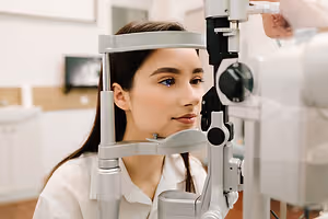 Woman having her eyes examined at an optometrist