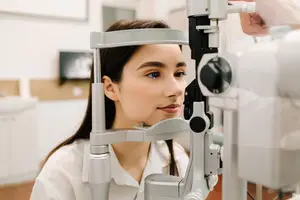 Woman having her eyes examined at an optometrist