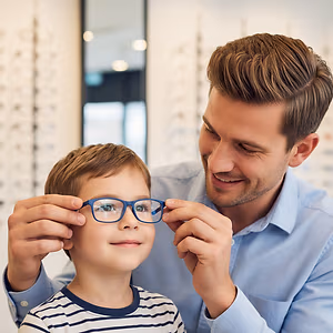 A man in a blue shirt is helping a young boy put on his blue glasses