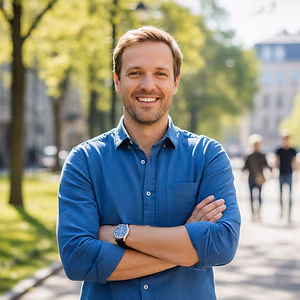 A smiling man with short brown hair is standing with his arms crossed on a sunny day, with people and buildings in the background.