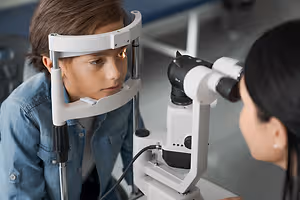 A woman is checking a boy's eyes with a microscope in an examination room