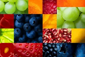 An assortment of fruits including grapes, blueberries, raspberries, pomegranates, strawberries, and kiwis are displayed in a grid pattern.
