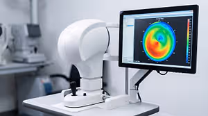 An eye examination machine with a corneal map displayed on the monitor
