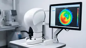 An eye examination machine with a corneal map displayed on the monitor