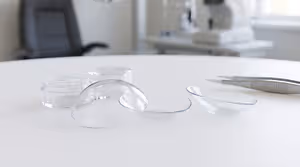 A table has some glass lenses on it. Behind it is a chair, a desk, and some other things.