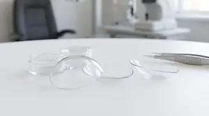 A table has some glass lenses on it. Behind it is a chair, a desk, and some other things.