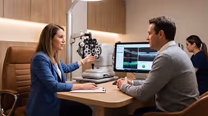 Two women and a man in a room with a monitor, the woman in blue is speaking to the man