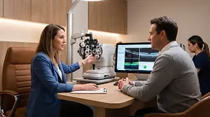 Two women and a man in a room with a monitor, the woman in blue is speaking to the man