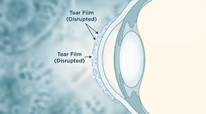 Illustration of the eye with a disrupted tear film shown twice