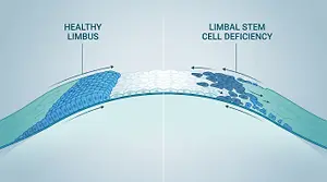 Diagram showing a healthy limbus and limbal stem cell deficiency