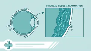 Illustration showing a cross section of the eye with mucosal tissue inflammation highlighted.