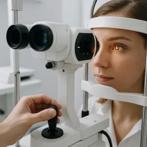 A woman is having her eyes examined by a doctor using an ophthalmoscope.