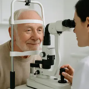 An elderly man is having his eyes examined by a female optometrist in a clinic.