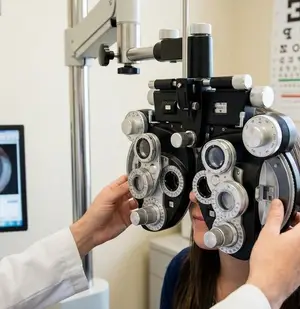 A man in a white coat examines a woman's eyes with an ophthalmoscope
