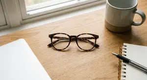A pair of brown glasses sit on a table next to a notebook, cup, and pen.