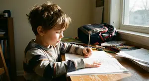 A young boy sitting at a desk with a pencil writing in a workbook