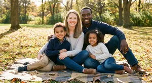 A family of four, consisting of two parents and two children, are sitting on a blanket in a park, surrounded by trees and leaves on the ground. They are smiling and posing for a photo.