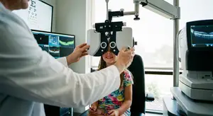An eye doctor is examining a young girl with an eye testing device