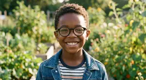 A boy smiling in front of plants in a garden