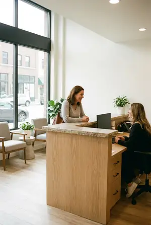 two women sitting at a desk talking to each other in an office