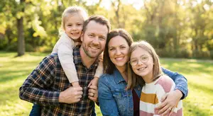 A family of four, consisting of two girls, a man, and a woman, are smiling and posing for a picture in a park.