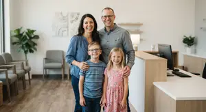 Family smiling in front of the reception desk at a dental office