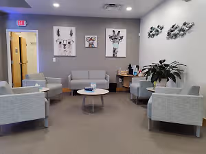 A room with a gray couch and several chairs and tables with a table in the middle and a plant on the right side of the room