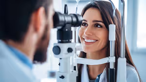 A smiling woman having her eyes checked by a male doctor in a clinic setting.