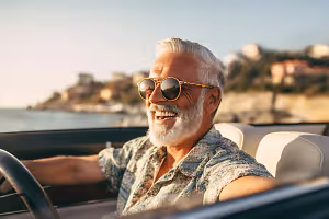 A man is sitting inside a convertible car and smiling while holding the steering wheel