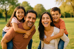 A family of four, including a young girl, a young boy, a man, and a woman, is smiling for a photo in a park.