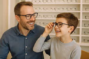A smiling man and boy are looking at glasses in a store