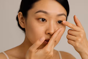A woman wearing a white tank top holds a contact lens between her fingers and attempts to place it in her eye.