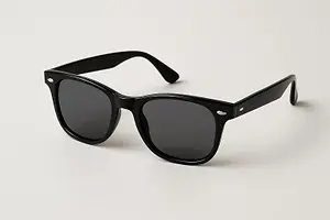 Black rectangular sunglasses with dark lenses and thin black frames