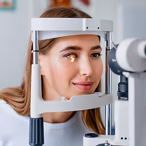 A woman with long brown hair is having her eye examined