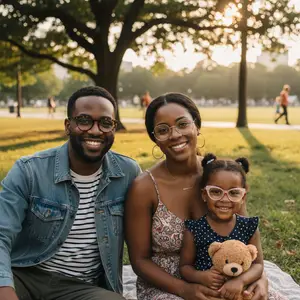 A smiling family of three wearing eye glasses sitting on a blanket in a park with a large tree behind them