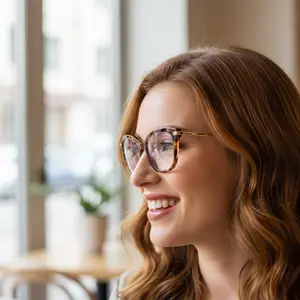 A smiling woman with glasses and long curly hair stands by a window, looking off to the side with a warm and welcoming expression.