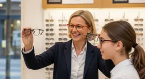 A woman in a suit is showing a pair of glasses to a girl in a white shirt in an optical shop