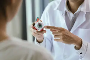 A man is showing an eye model to a woman in a clinic