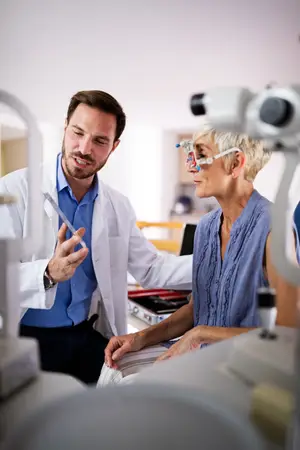 A man in a white lab coat is explaining something to a woman wearing glasses, probably in a hospital room