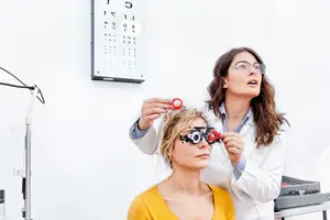 A female doctor in a white coat is checking the eye sight of a woman wearing glasses and looking up at the doctor.