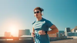 A man running on a bridge with buildings in the background