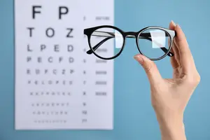 Close up of glasses being held by a hand in front of a vision chart