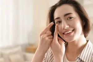 A woman is smiling and posing while adjusting her contact lens in her left hand.